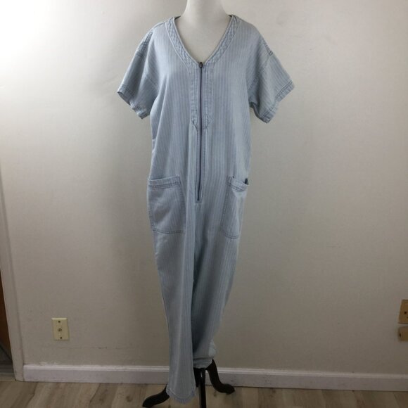 Frank and Oak Atelier Striped Bleached Chambray Denim Jumpsuit l - Picture 8 of 9
